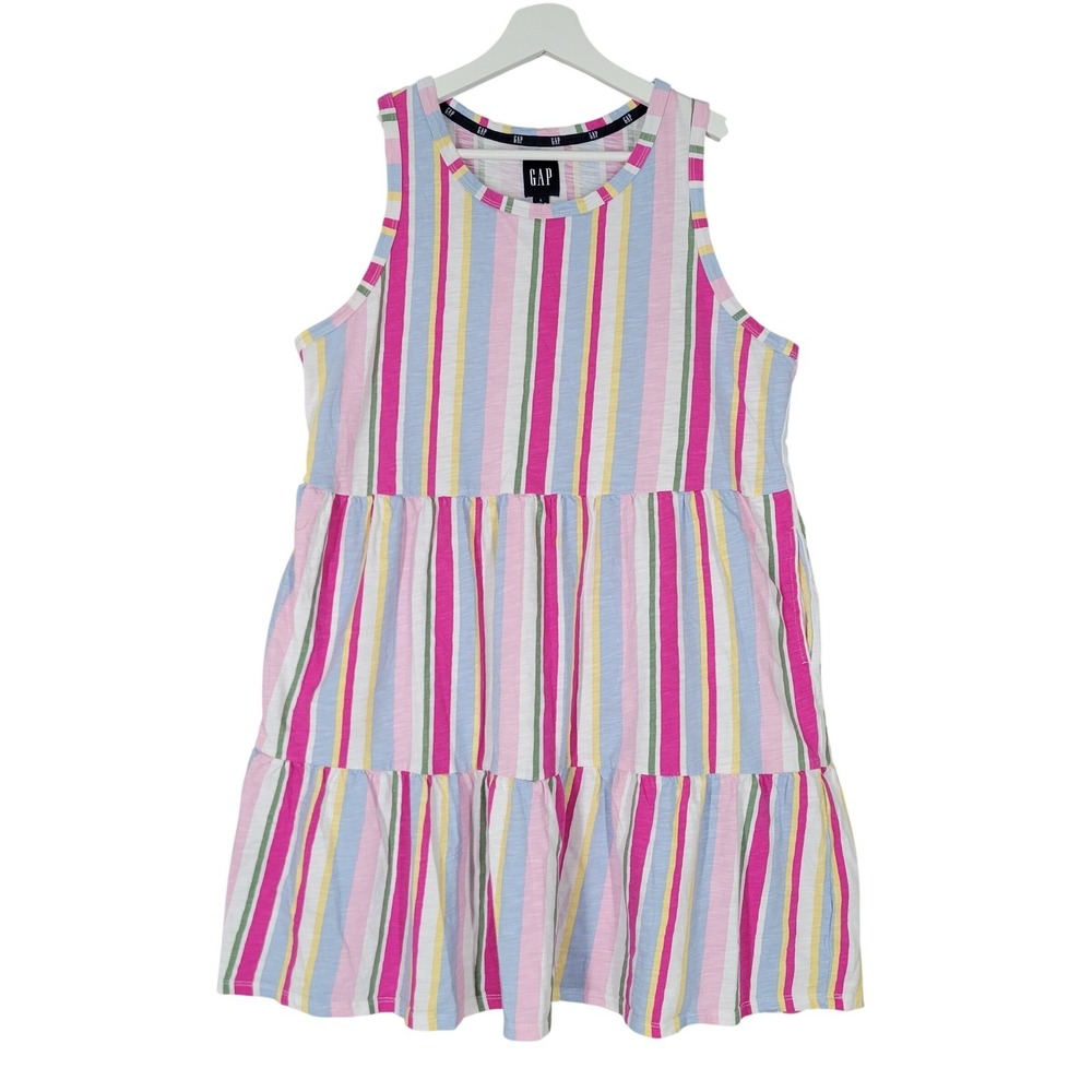 GAP Tiered Mini Dress Womens Large Pink Blue Striped Sleeveless Cotton Modal